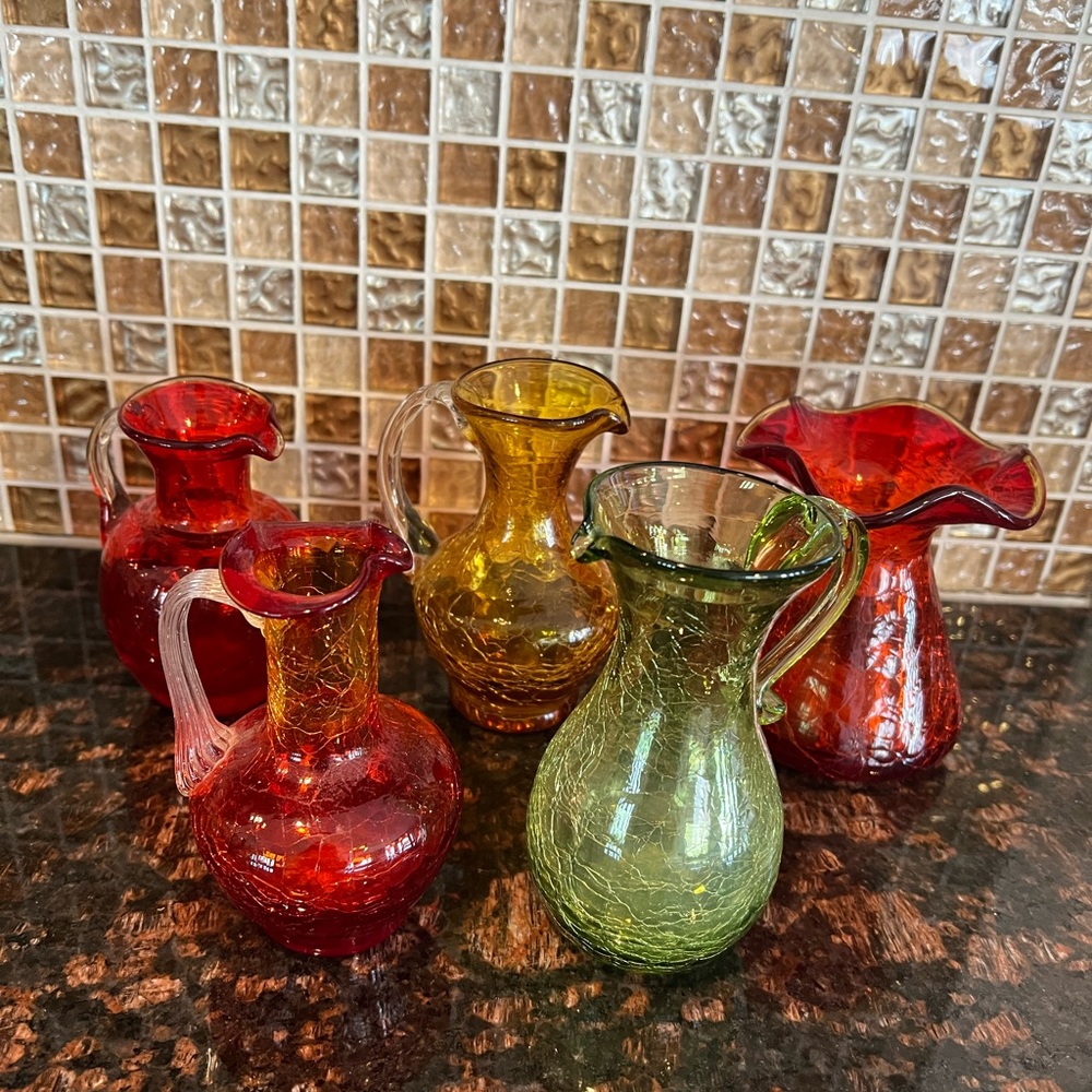 Crackle Glass Vases Variety of color and shapes (Lot of 5)